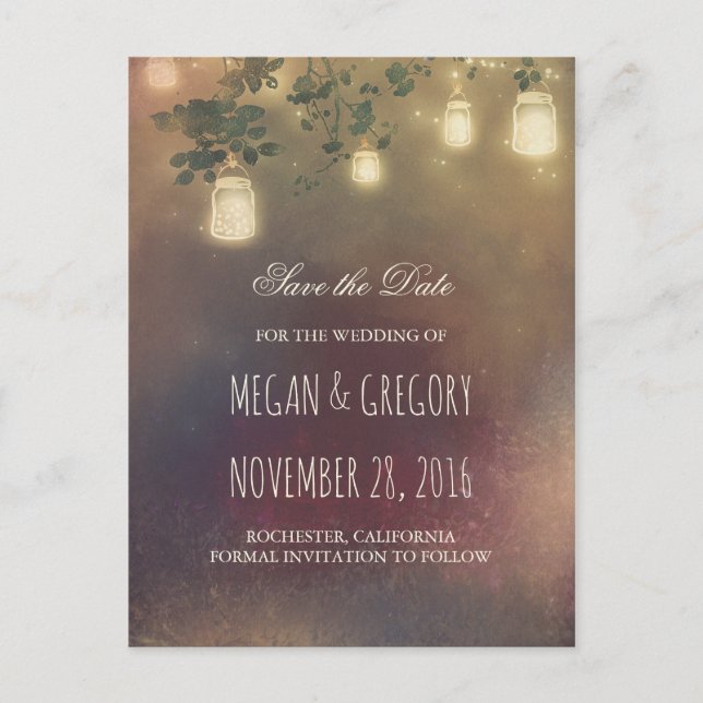 Rustic Mason Jar Lights and Branches Save the Date Announcement Postcard (Front)