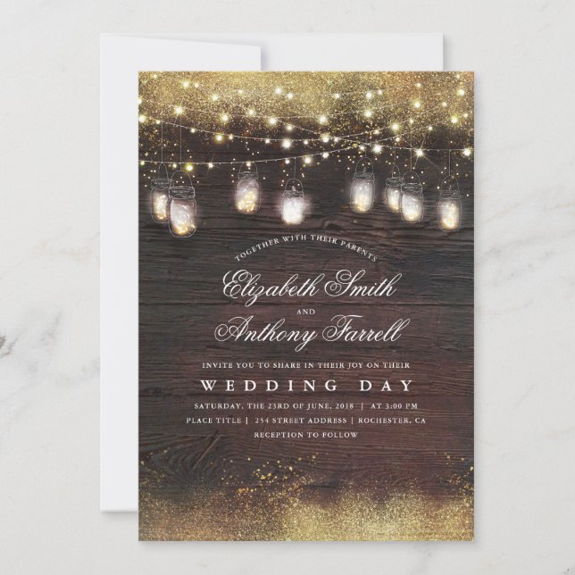Rustic Mason Jar Lights and Gold Glitter Wedding Invitation (Front)
