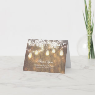 Rustic Mason Jar Lights and Lace Wedding Thank You Card