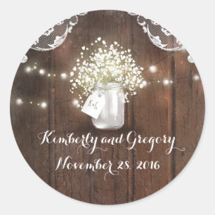 Rustic Mason Jar Lights Baby's Breath Wedding Classic Round Sticker