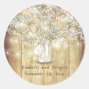Rustic Mason Jar Lights Baby's Breath Wedding Classic Round Sticker
