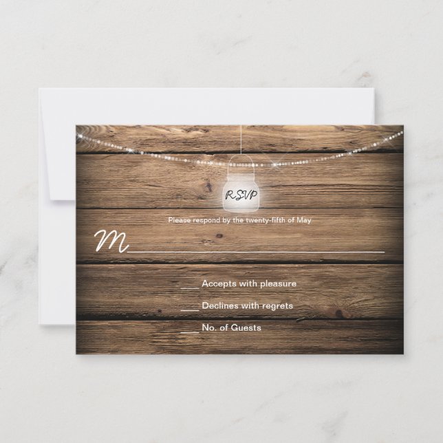 Rustic Mason Jar Lights Barn Wood RSVPs RSVP Card (Front)