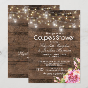 Rustic Mason Jar Lights Blush Floral Bridal Shower Invitation