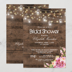 Rustic Mason Jar Lights Blush Floral Bridal Shower Invitation