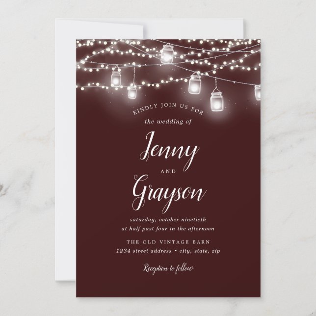 Rustic Mason Jar Lights Burgundy Wedding Invitation (Front)