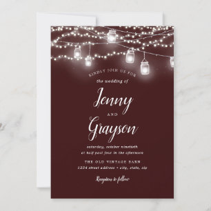 Rustic Mason Jar Lights Burgundy Wedding Invitation