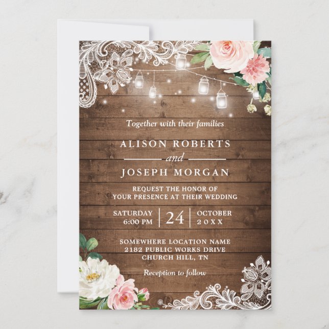 Rustic Mason Jar Lights Floral Lace Wedding Invitation (Front)