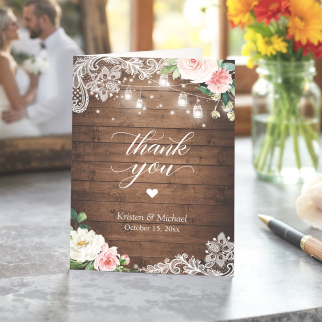 Rustic Mason Jar Lights Floral Lace Wedding Thank You Card (Creator Uploaded)