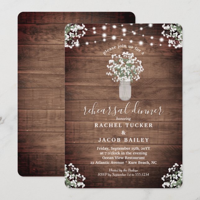 Rustic Mason Jar Lights Floral Rehearsal Dinner Invitation (Front/Back)