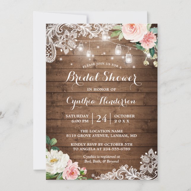 Rustic Mason Jar Lights Lace Floral Bridal Shower Invitation (Front)