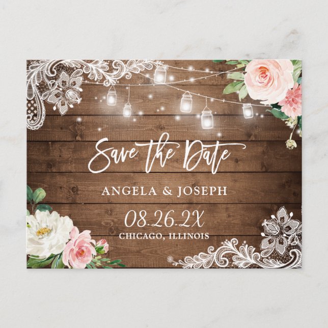 Rustic Mason Jar Lights Lace Wedding Save the Date Invitation Postcard (Front)