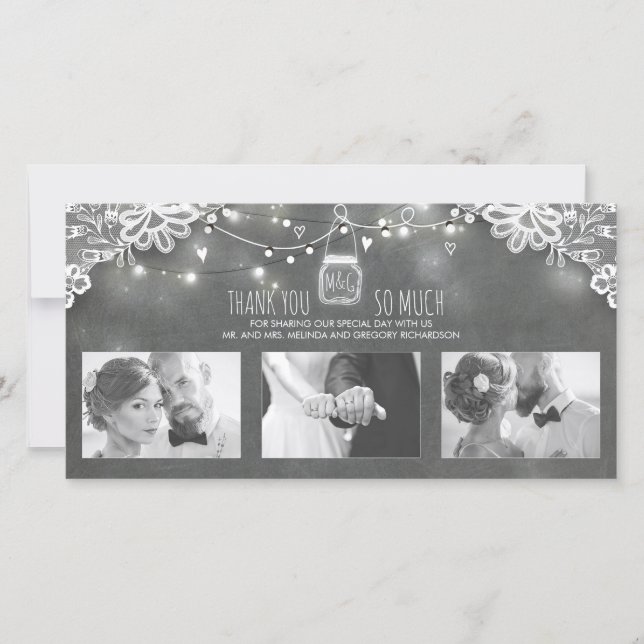 Rustic Mason Jar Lights Lace Wedding Thank You (Front)