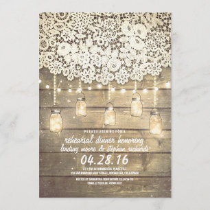 Rustic Mason Jar Lights Lace Wood Rehearsal Dinner Invitation