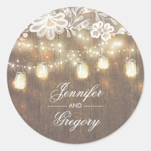 Rustic Mason Jar Lights Lace Wood Wedding Classic Round Sticker