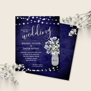 Rustic Mason Jar Lights Navy Blue Wedding Invite