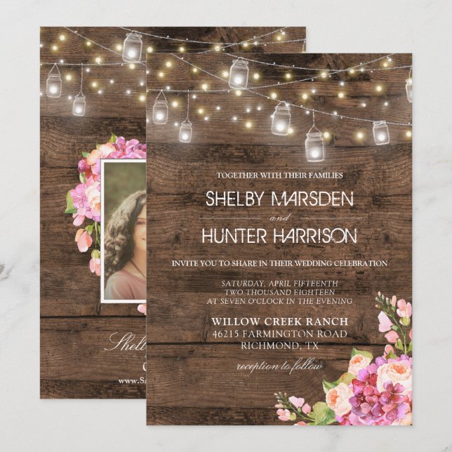 Rustic Mason Jar Lights Photo Blush Floral Wedding Invitation (Front/Back)