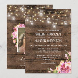 Rustic Mason Jar Lights Photo Blush Floral Wedding Invitation