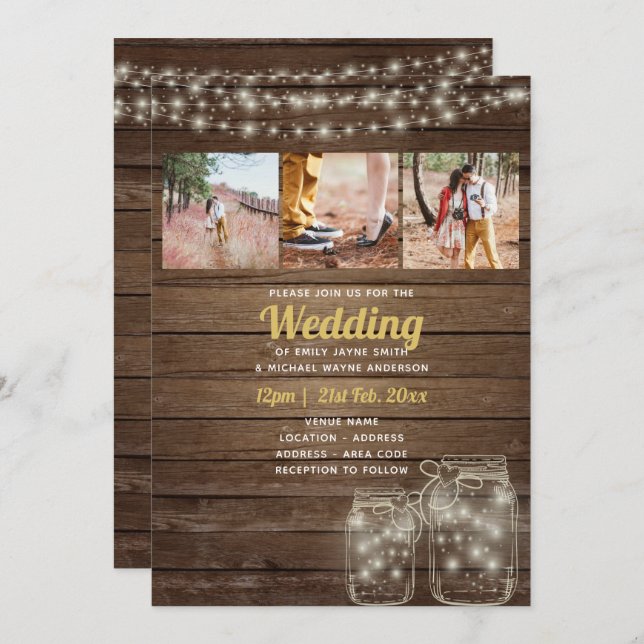 Rustic Mason Jar Lights PHOTO COLLAGE Wedding Invitation (Front/Back)