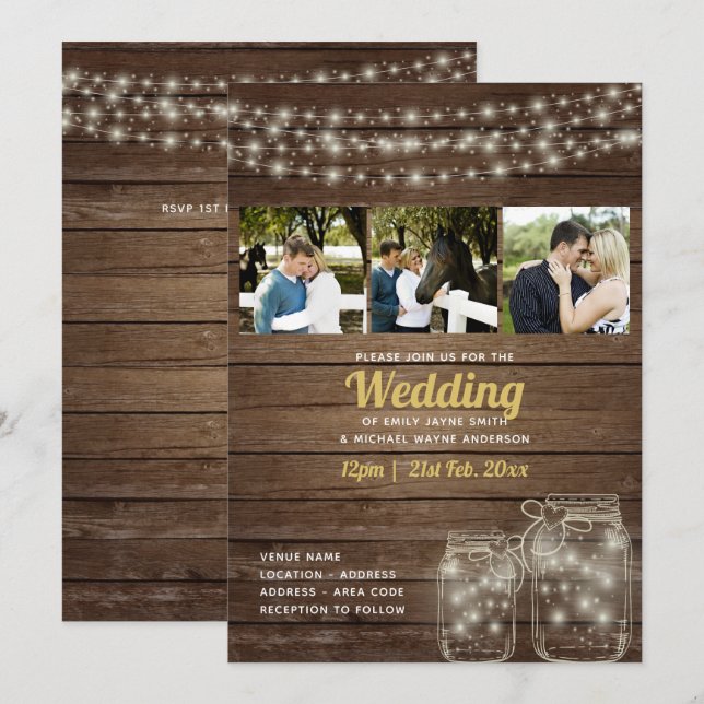 Rustic Mason Jar Lights PHOTO COLLAGE Wedding Invitation (Front/Back)
