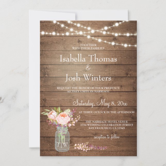 Rustic Mason Jar Lights Pink Peony Bouquet Wedding Invitation (Front)