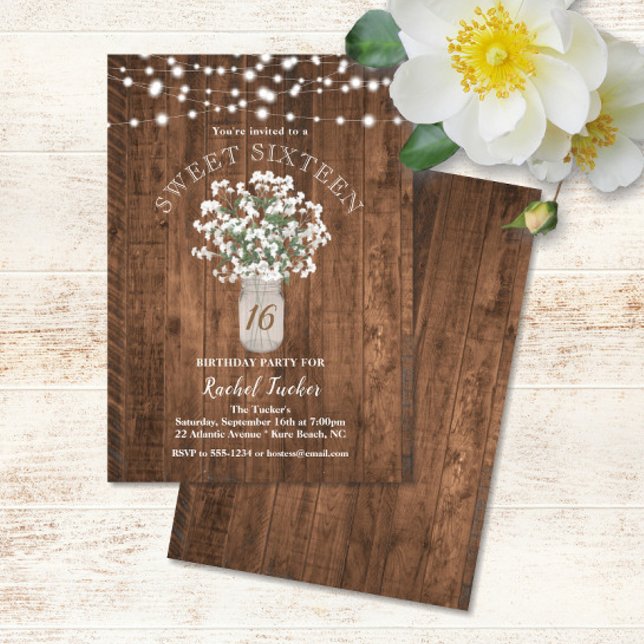 Rustic Mason Jar Lights Sweet 16 Birthday Party Invitation (Rustic Mason Jar with Baby's Breath & String Lights Sweet 16 Birthday Party Invitation)