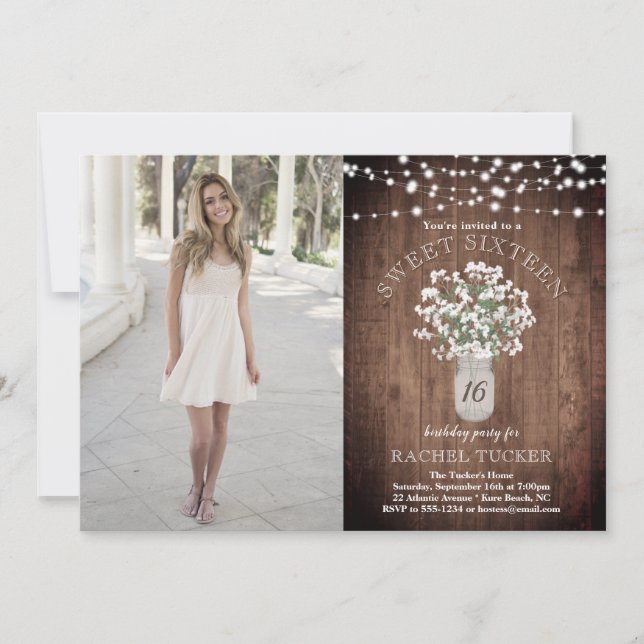 Rustic Mason Jar Lights Sweet 16 Birthday Photo In Invitation (Front)
