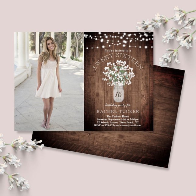 Rustic Mason Jar Lights Sweet 16 Birthday Photo In Invitation (Creator Uploaded)