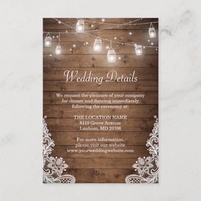 Rustic Mason Jar Lights Wedding Reception Details Enclosure Card (Front)