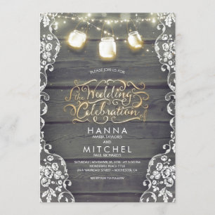 Rustic Mason Jar Lights Wood and Lace Wedding Invitation