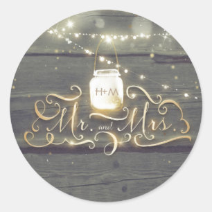 Rustic Mason Jar Lights Wood Barn Wedding Classic Round Sticker