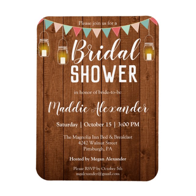 Rustic Mason Jar Lights| Wood Bridal Shower Invite Magnet (Vertical)
