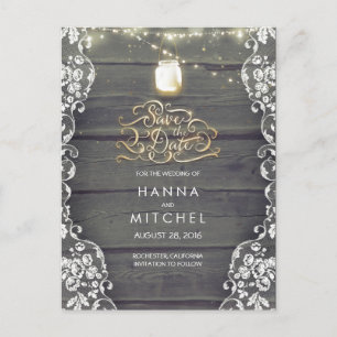 Rustic Mason Jar Lights Wood  Lace Save the Date Announcement Postcard