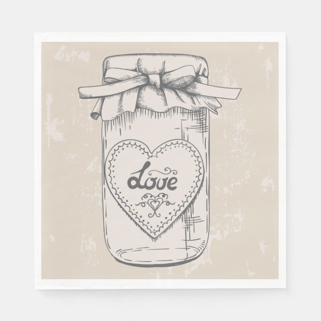 Rustic Mason Jar Love Heart Tan Brown Wedding Napkin (Front)