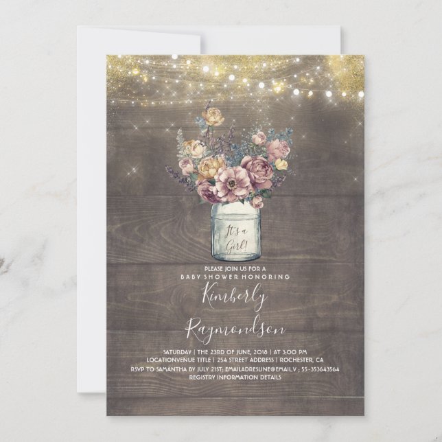 Rustic Mason Jar Mauve and Gold Baby Shower Invitation (Front)