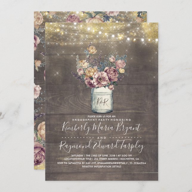 Rustic Mason Jar Mauve and Gold Engagement Party Invitation (Front/Back)