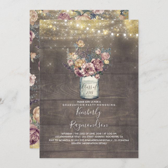 Rustic Mason Jar Mauve and Gold Graduation Party Invitation (Front/Back)