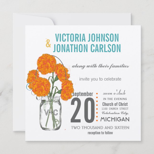 Rustic Mason Jar Mint, Yellow and Coral Carnations Invitation (Front)