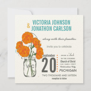 Rustic Mason Jar Mint, Yellow and Coral Carnations Invitation