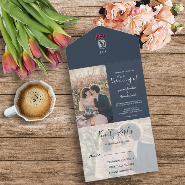 Rustic mason jar monogram photo blue Wedding All In One Invitation (Rustic monogrammed mason jar photo all in one wedding invitation.)