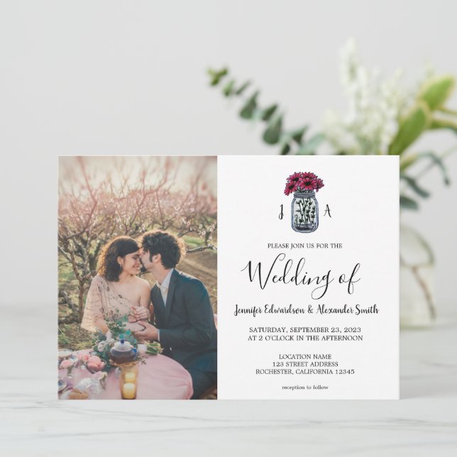Rustic Mason jar monogram photo elegant Wedding Invitation (Standing Front)
