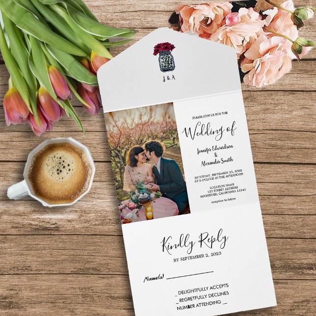 Rustic mason jar monogrammed photo Wedding All In One Invitation (Rustic mason jar monogrammed photo wedding all in one invitation.)