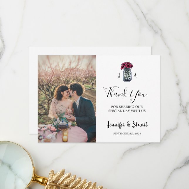 Rustic mason jar monogrammed photo wedding thank you card (Front/Back In Situ)