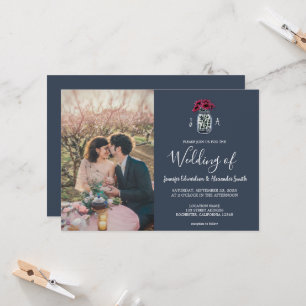 Rustic Mason jar navy blue monogram photo Wedding Invitation