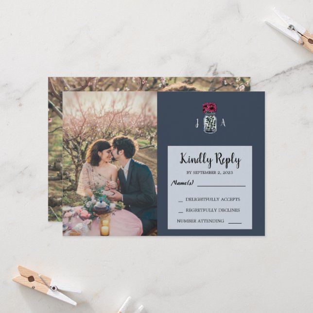Rustic mason jar navy blue photo wedding RSVP card (Front/Back In Situ)