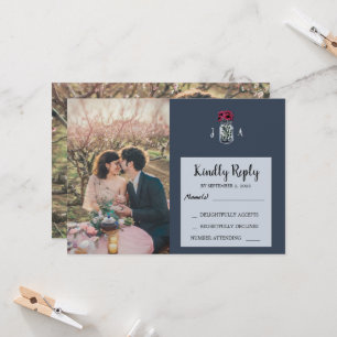 Rustic mason jar navy blue photo wedding RSVP card