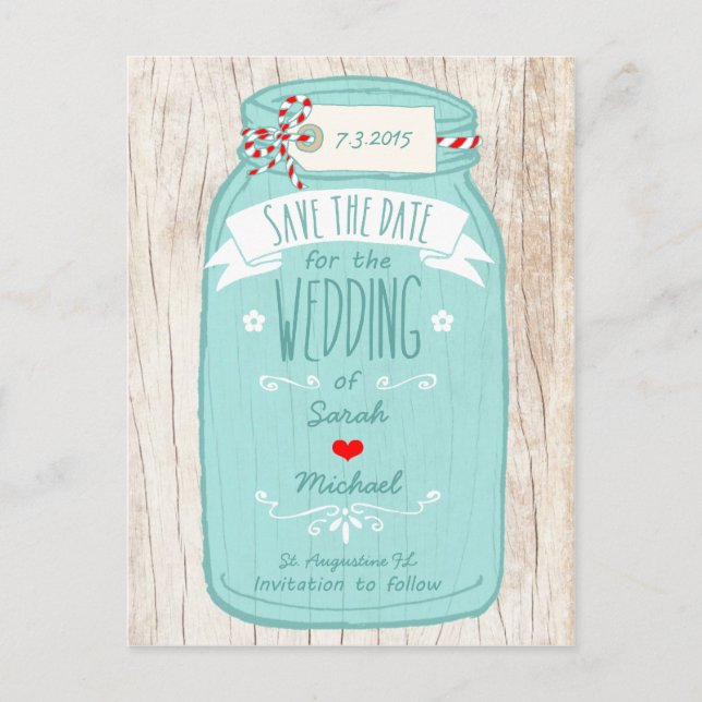 Rustic Mason Jar on Bark Illustrated Wedding Announcement Postcard (Front)