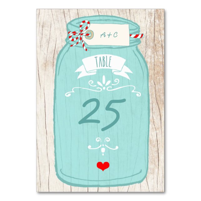 Rustic Mason Jar on Birch Bark Illustrated Wedding Table Number (Front)