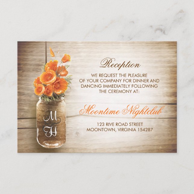 Rustic mason jar orange flowers reception enclosure card (Front)