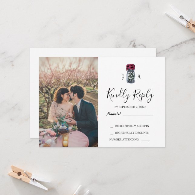 Rustic mason jar photo wedding RSVP card (Front/Back In Situ)
