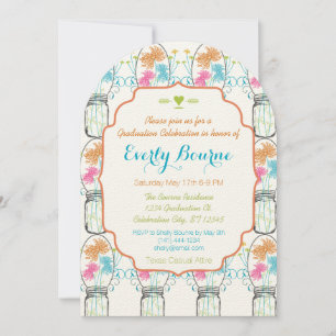 Rustic Mason Jar Pink Coral Aqua Floral Graduation Invitation